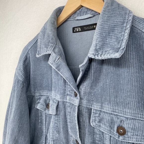 ZARA Jacket Womens S Wide Wale Corduroy Trucker Oversized Fringed Button Up Blue - Picture 5 of 13